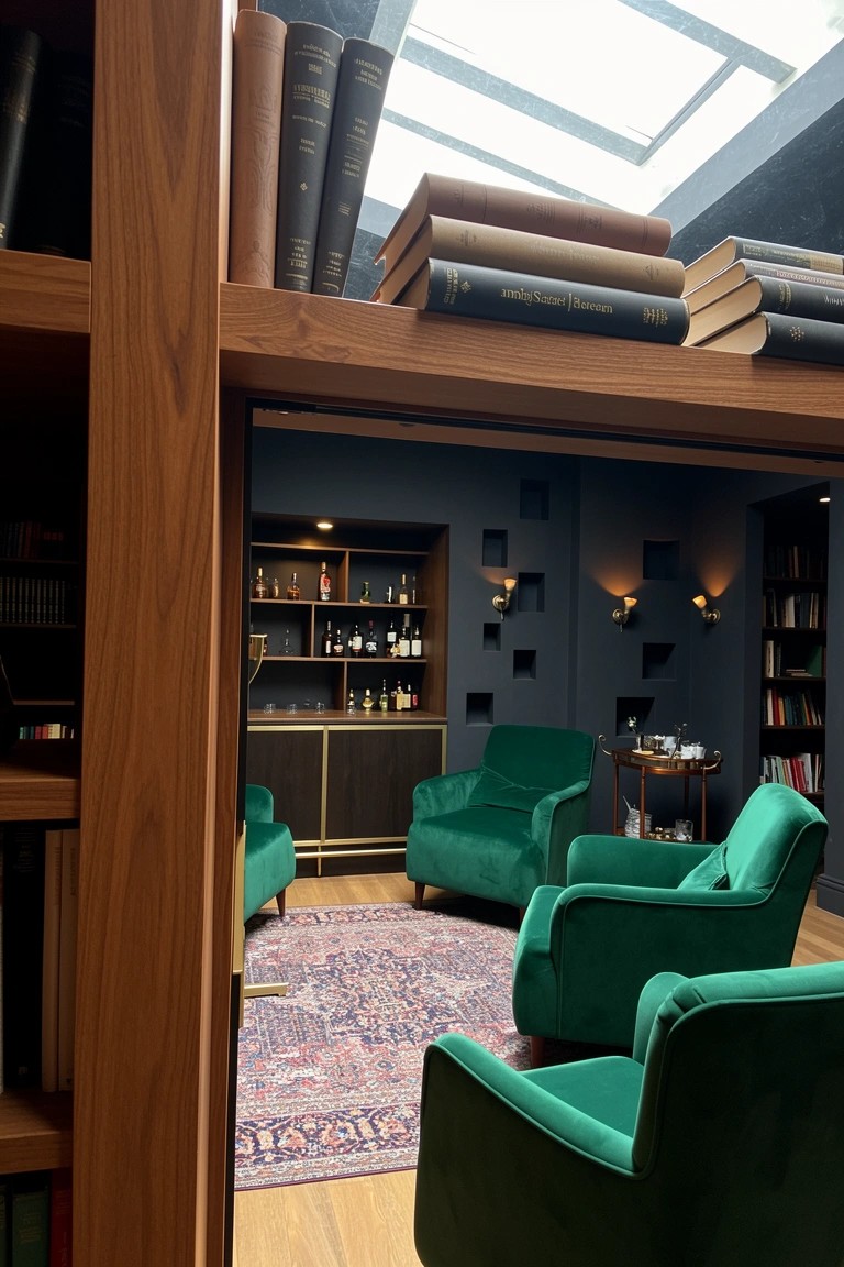 Dark-paneled library nook with wooden bookshelves, integrated bar cabinet, green velvet armchairs, and Persian rug
