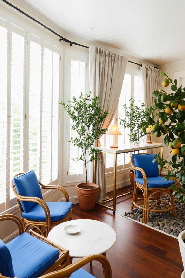 Sunlit window nook with blue rattan chairs, potted lemon trees, shutters, and a small table on wooden floor
