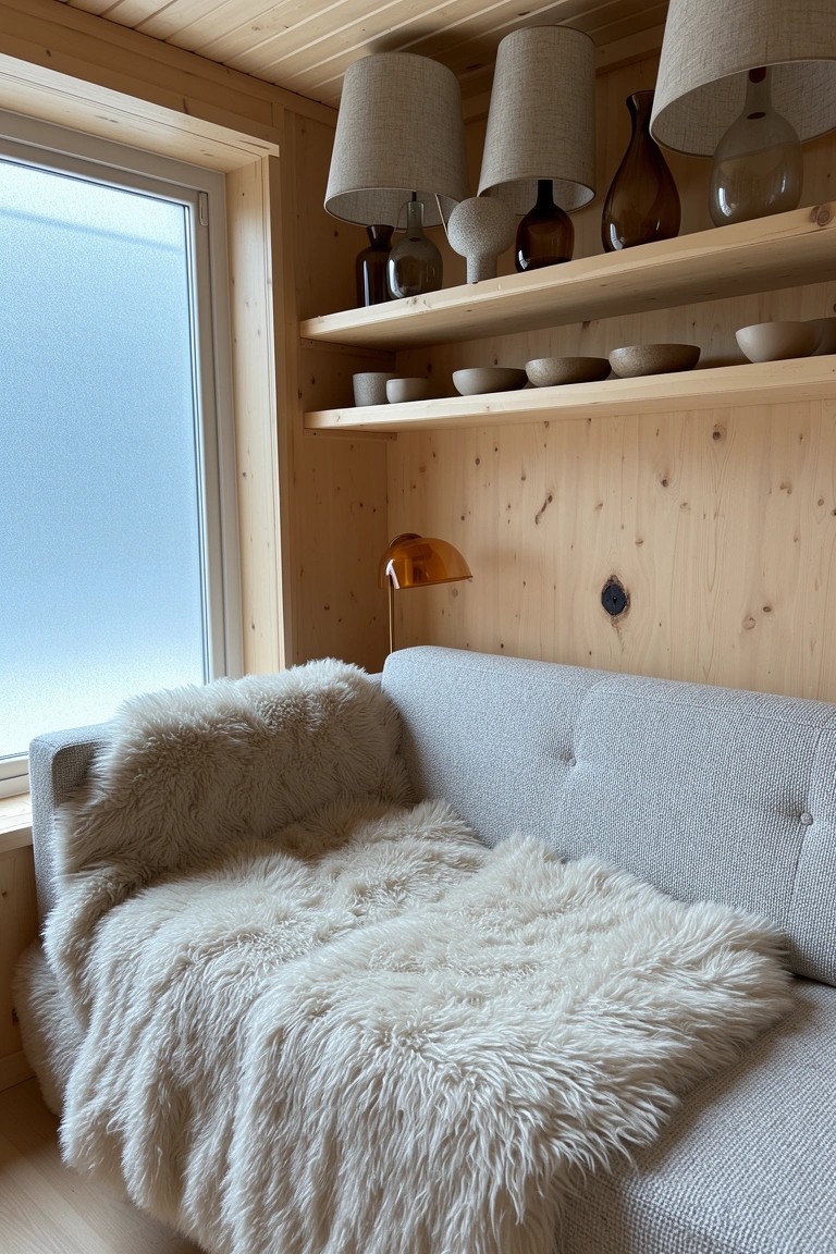 Gray sofa draped with shaggy white sheepskin throw in cozy wood-paneled room with shelves and lamps