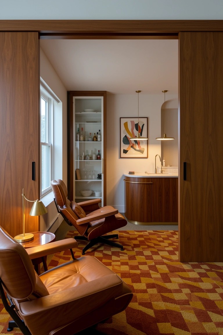 Cozy midcentury lounge with leather chairs and a small table facing open wooden sliding doors that reveal a built-in bar area with sink, shelves, and colorful geometric art on a patterned rug