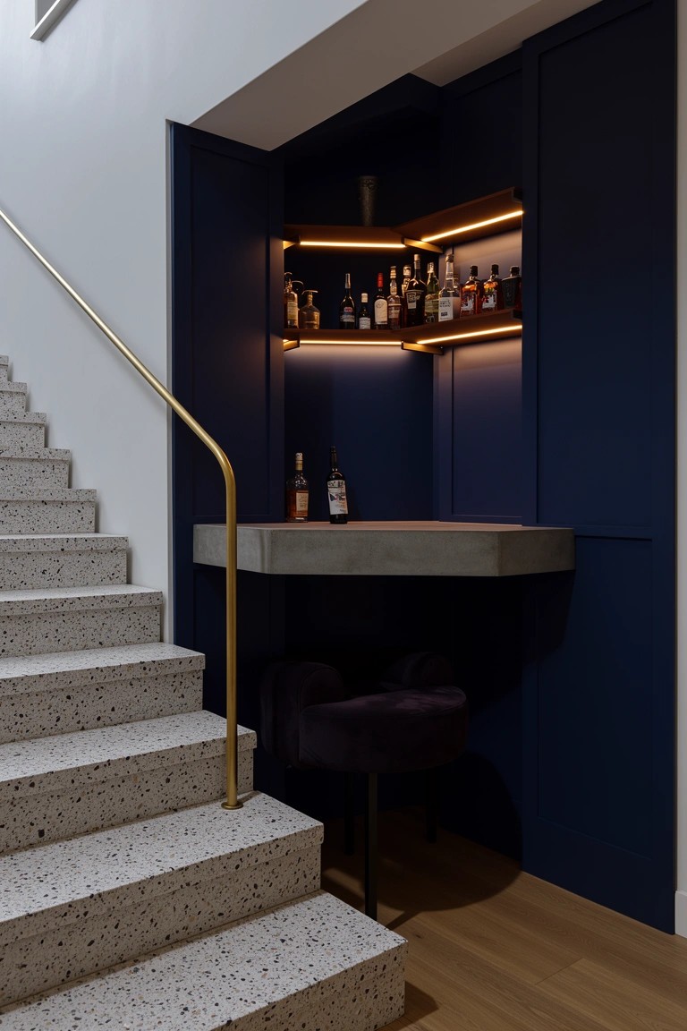Navy corner bar nook under stairs with bottle shelves, LED underlighting, concrete countertop, and purple stool