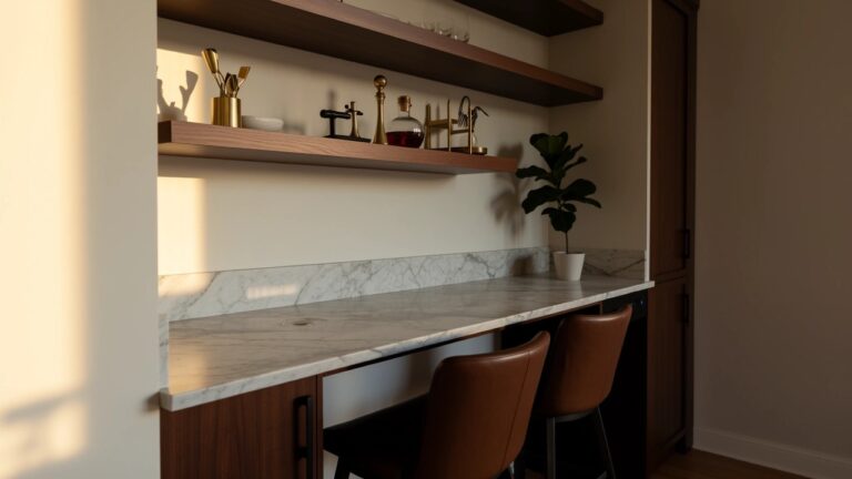 Recessed wooden bar cabinets with white marble countertop, gold vases and bottles on open shelves, potted plants, and two leather bar stools