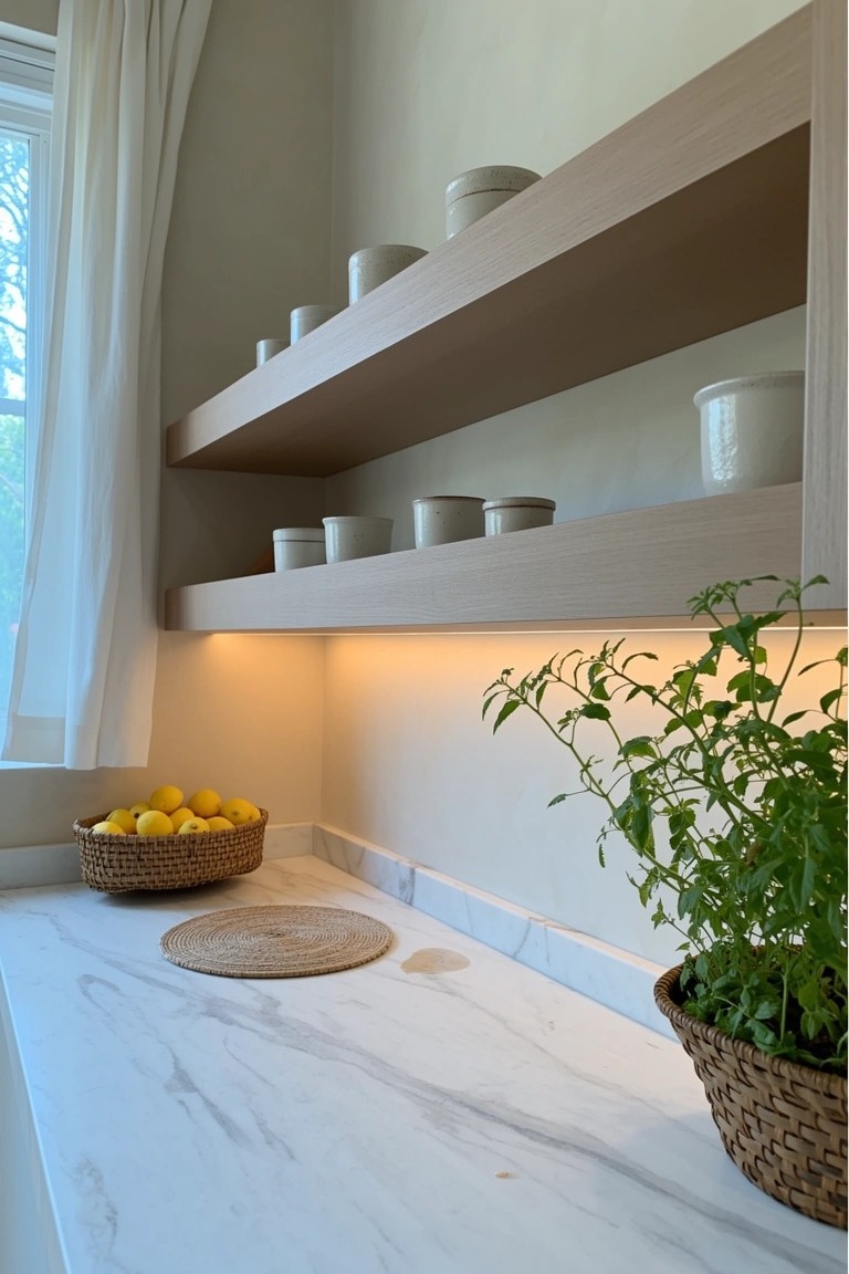Light wood floating shelves with underlighting above a white marble kitchen counter holding white pots, lemons, and a basil plant
