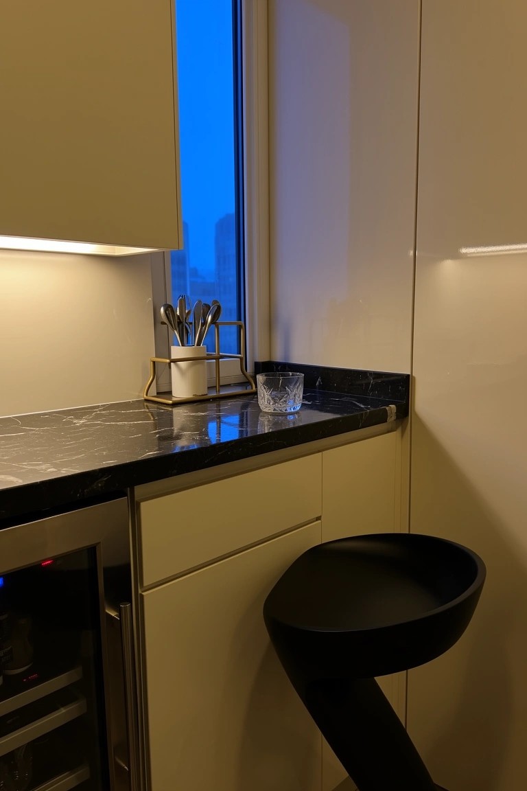 Compact home bar nook with black marble countertop, white cabinets, integrated wine fridge, utensil rack, and curved black bar stool