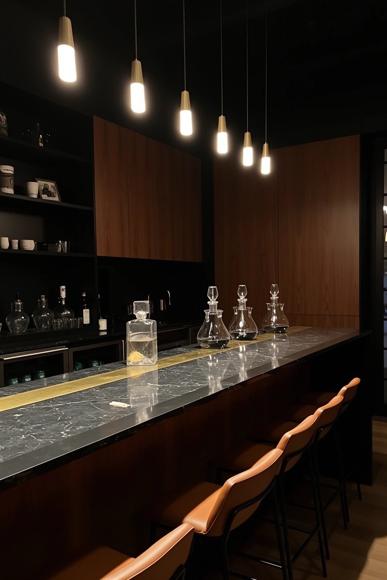 Moody home bar with dark wood cabinets, light veined marble countertop, wooden pendant lights, glass decanters, and tan leather bar stools