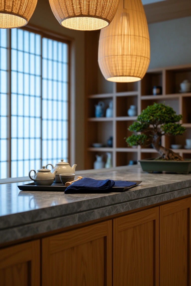 Gray marble countertop serving as bar area on wooden cabinets in a Japanese-style kitchen with rattan pendant lights and bonsai plant