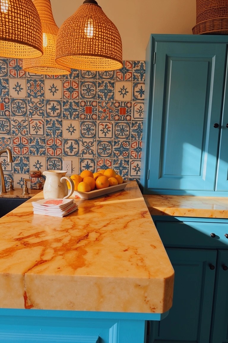 Kitchen bar counter with warm orange-veined marble top, blue lower cabinets, colorful patterned tile backsplash, rattan pendant lights overhead, and bowl of oranges on the counter