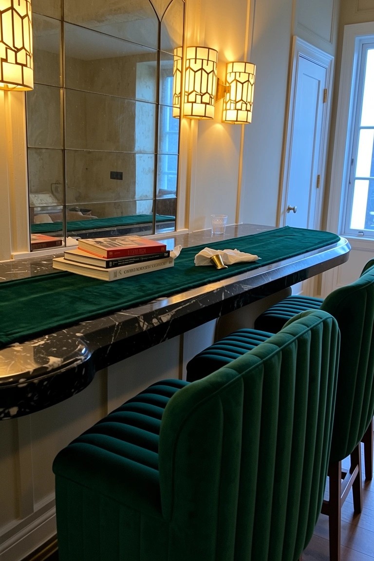 Curved black marble bar with green velvet runner and matching stools in a mirrored room with warm lamps