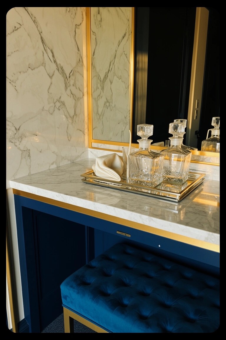 Marble countertop bar station with crystal decanters on a silver tray, gold-framed mirrors, and blue velvet stool