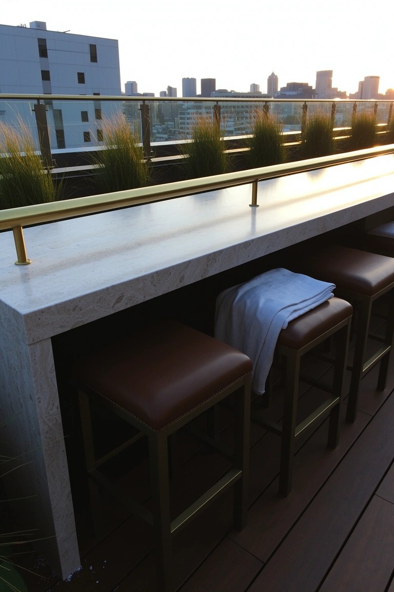 White marble rooftop bar counter with brass-legged leather stools and pampas grass edging, city view in background