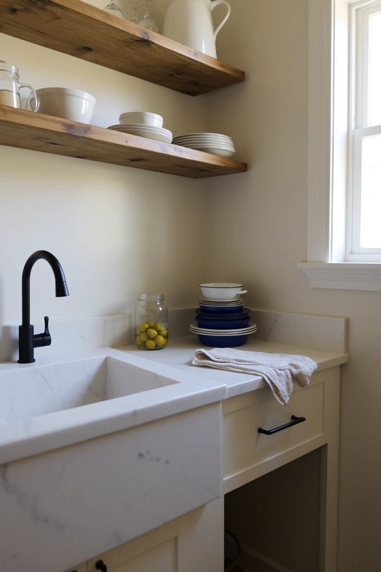 White marble apron-front sink under rustic wooden open shelves holding dishes and a jar of lemons in a light kitchen corner