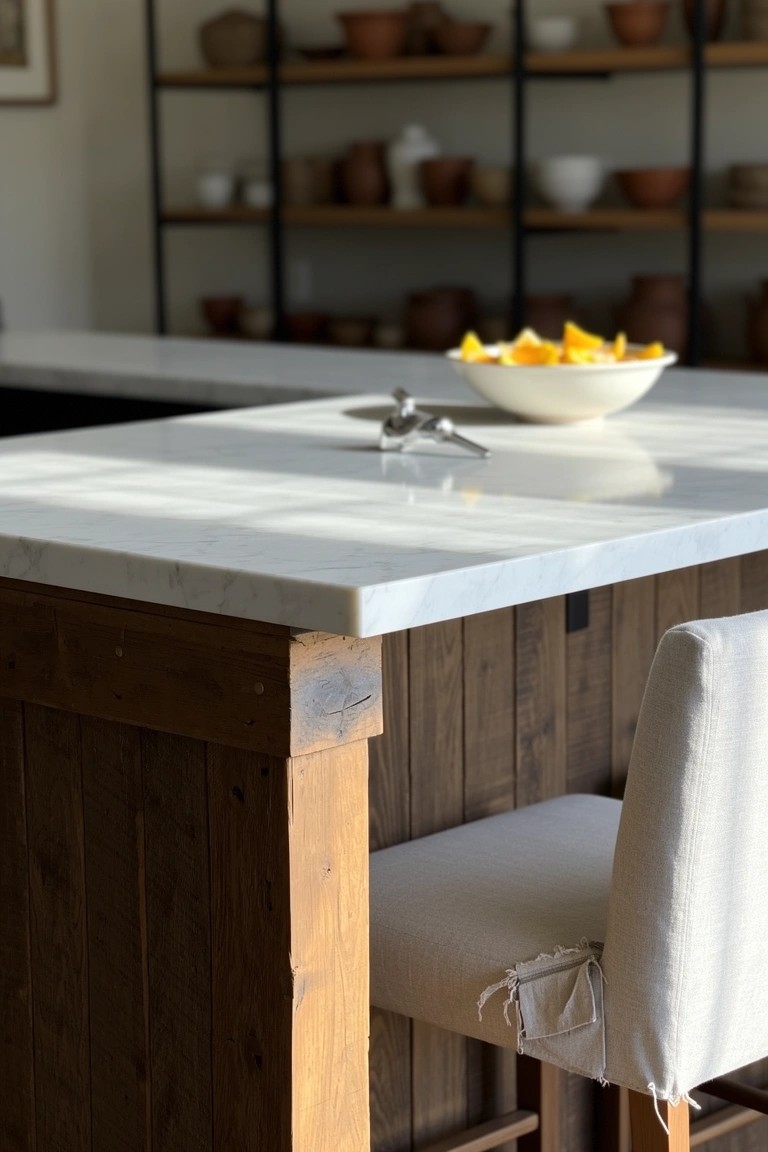 White marble kitchen island on wooden slatted base with a white stool nearby, bowl of orange fruit on top, and pottery on background shelves