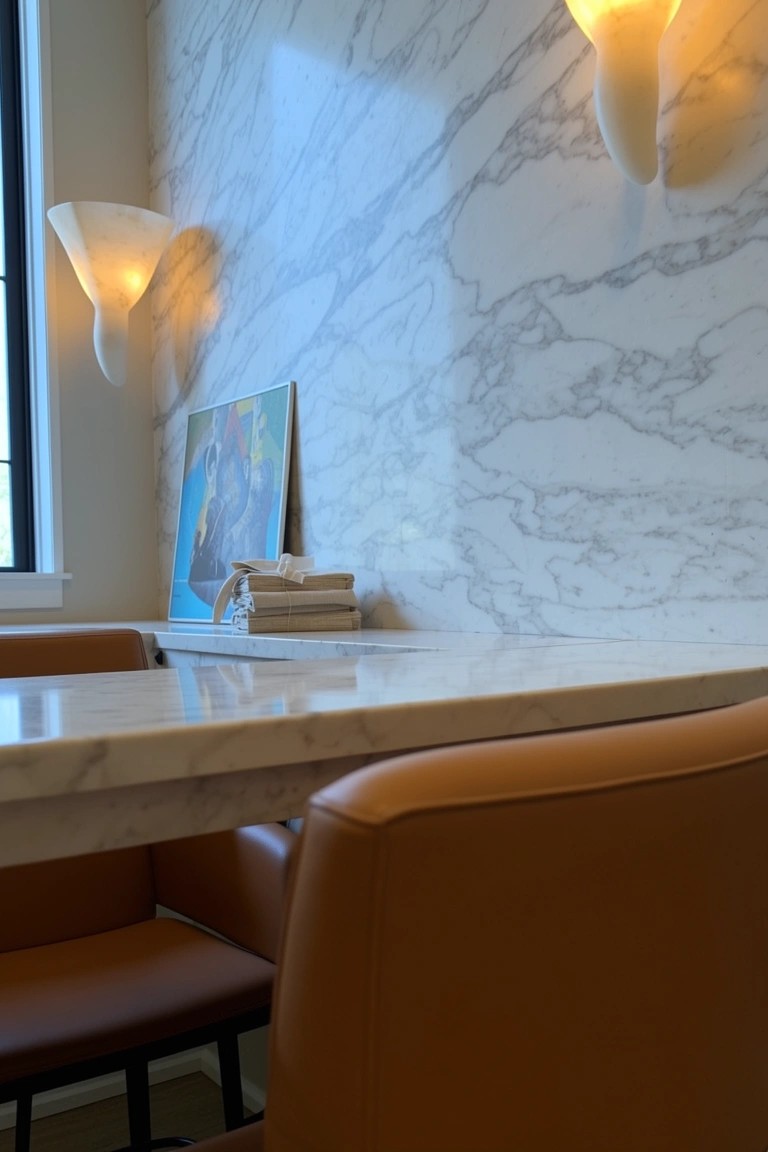 Marble wall and counter bar area with orange leather stools, wall sconces, and a small painting