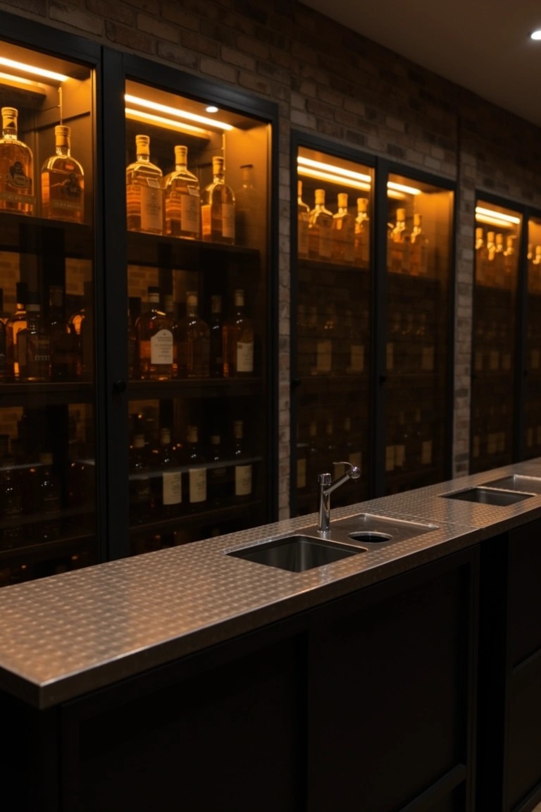 Modern bar setup with black framed glass cabinets displaying backlit whiskey bottles over a metallic counter with sinks