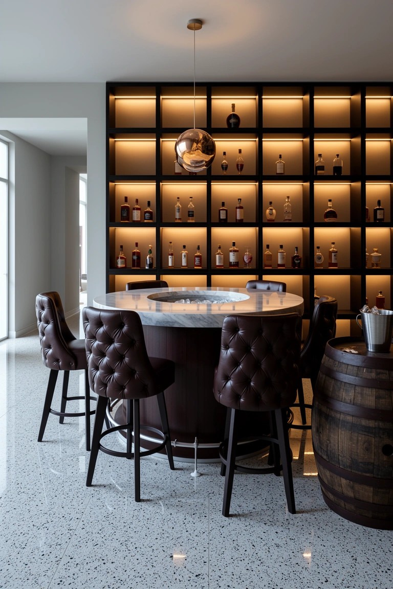 Modern home bar area with round white marble table, tufted leather stools, backlit wall shelves displaying whiskey bottles, pendant light, and wooden barrel on terrazzo floor