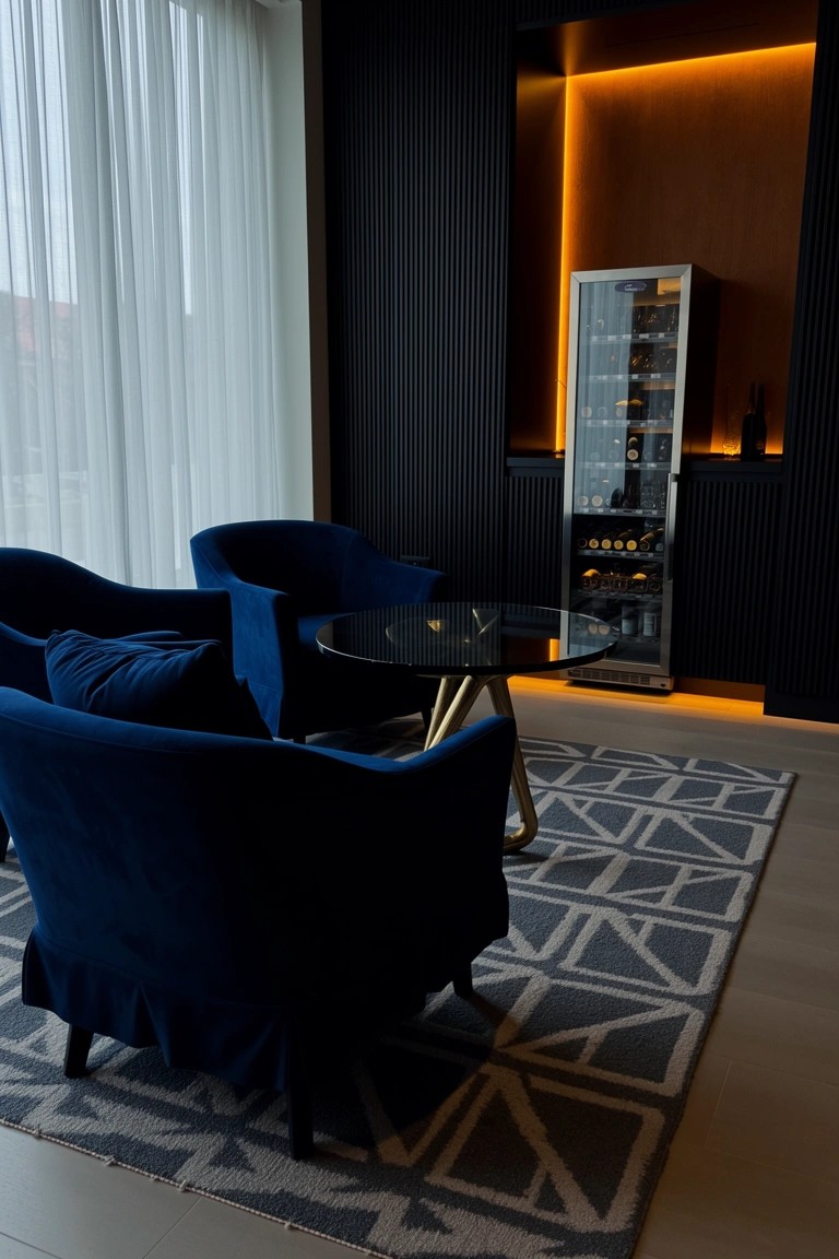 Sleek modern bar nook with dark paneled walls, orange backlit glass wine cabinet, blue velvet armchairs, glass table, and geometric rug