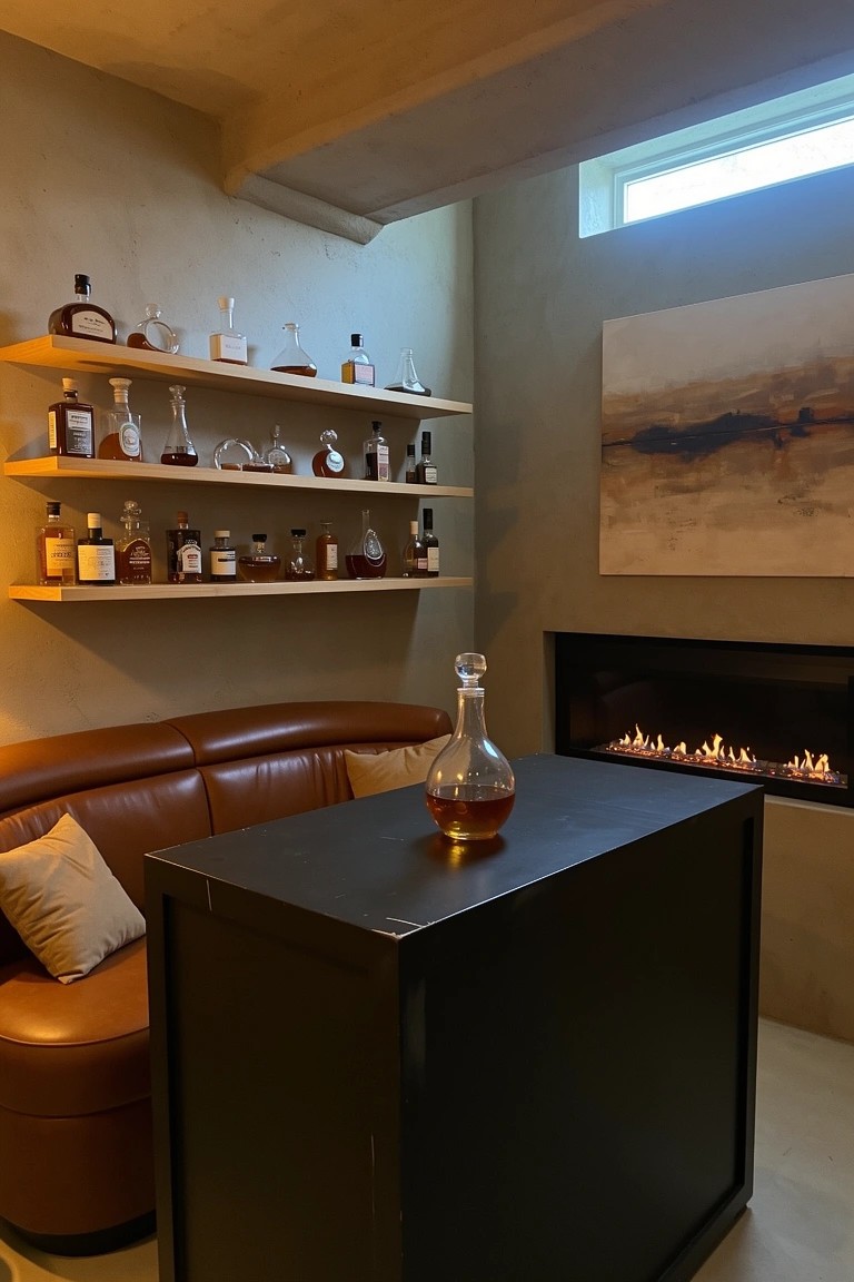 Modern whiskey room corner with wooden wall shelves displaying assorted bottles above a black bar table with a decanter, leather sofa nearby, and linear gas fireplace on neutral walls