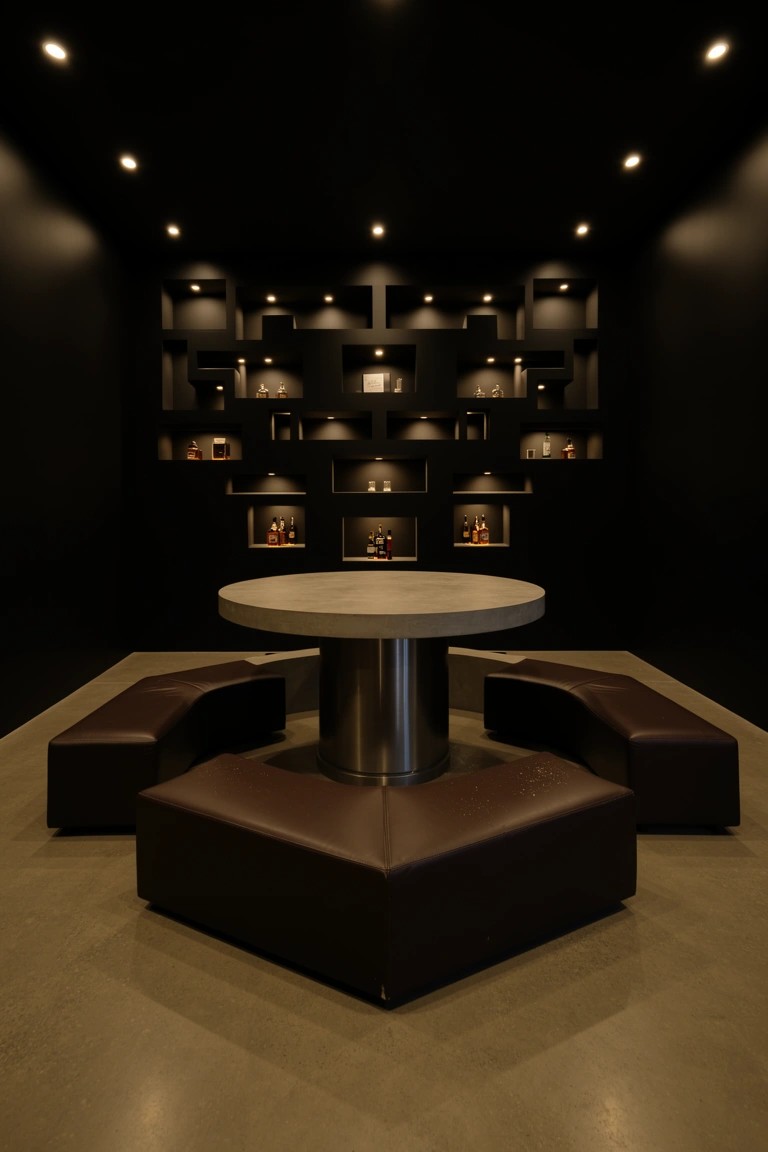 Dark modern whiskey room featuring a central round white stone table on metal pedestal surrounded by four brown leather wedge benches, with illuminated niche shelves on black walls