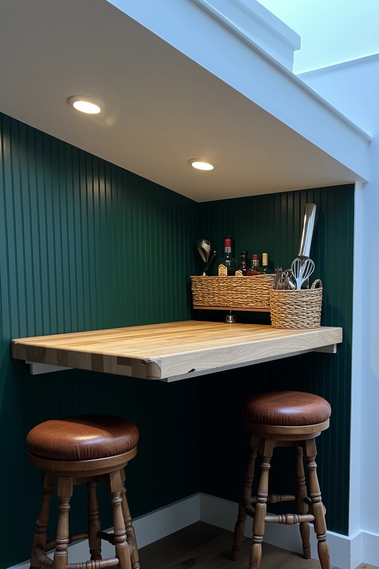 Compact corner bar nook with green shiplap walls, wooden shelf holding bottles and baskets, and two leather stools