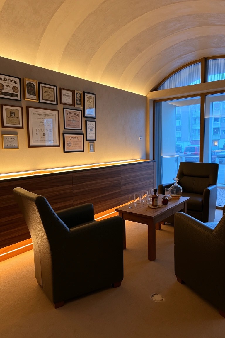 Modern whiskey lounge featuring curved plaster ceiling with warm LED strip lighting, built-in wood cabinets displaying awards, low leather armchairs around a wood table with glasses and decanter, and large windows