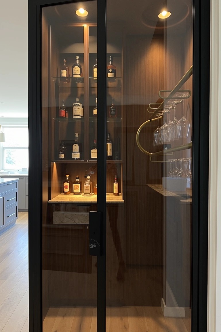 Sleek black-framed glass cabinet with backlit whiskey bottles and hanging stemware on wood shelves