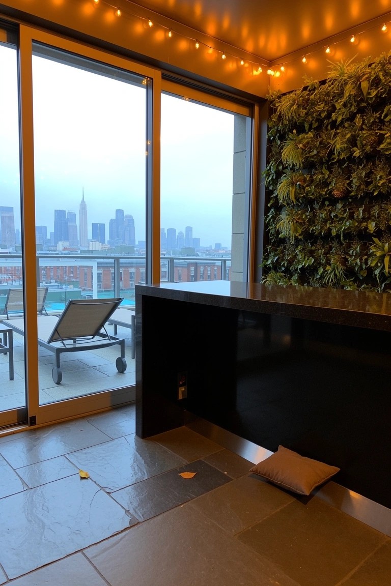 Sleek black bar counter with lush living green wall and sliding balcony doors