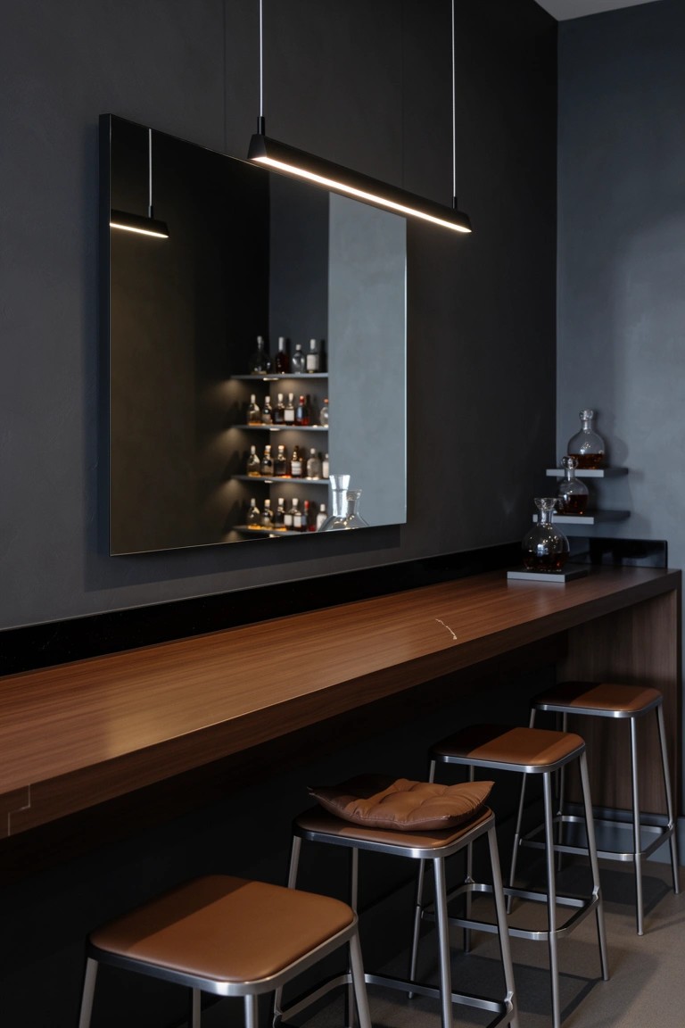 Modern home bar with dark walls, large mirror wall holding whiskey bottles on shelves, wooden countertop, and metal stools with leather seats