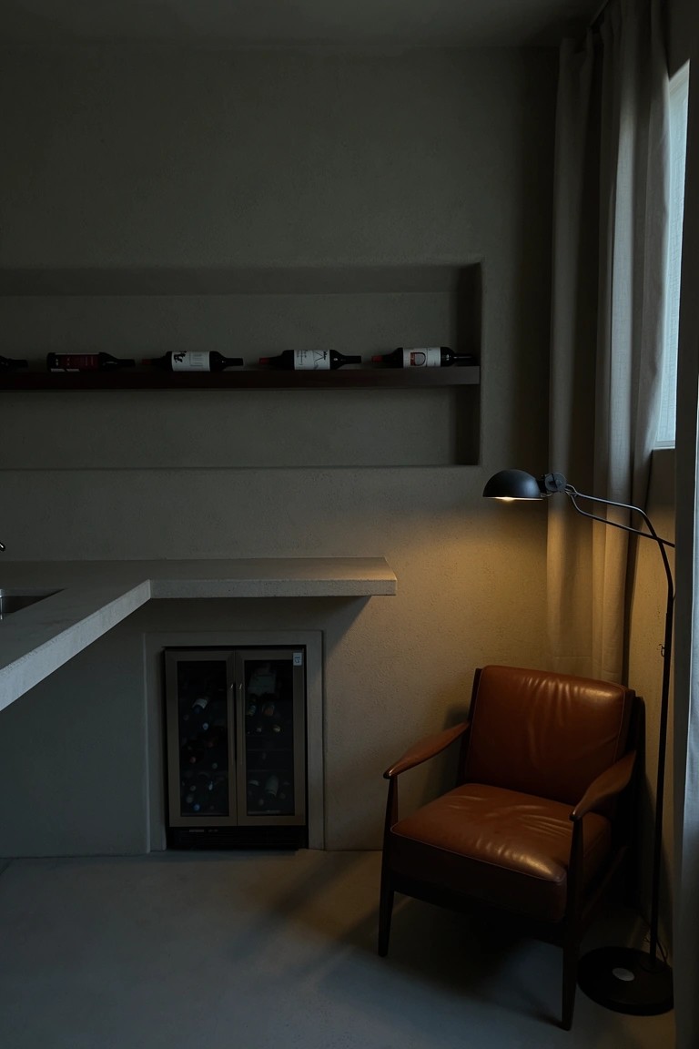 Modern gray corner nook with recessed wall shelves holding wine bottles above a countertop and wine fridge, plus a leather armchair and floor lamp