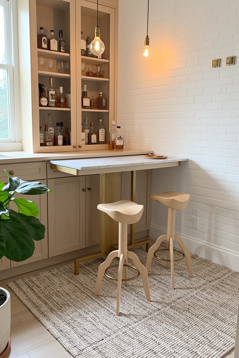 Compact wooden cabinet with glass doors displaying whiskey bottles on lit shelves, fold-down white bar top, and two wooden stools with metal legs in a white brick corner
