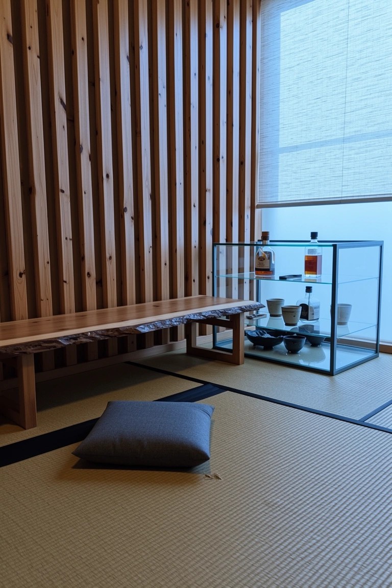 Modern whiskey nook with vertical light wood slat walls, live-edge bench on tatami mats, and glass display cabinet holding bottles and glasses