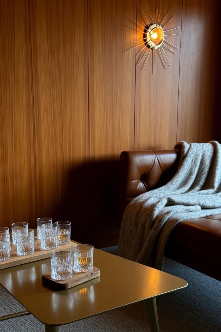 Wood-paneled room with low brass table holding tray of whiskey glasses, leather chaise lounge with throw blanket, and modern starburst wall light