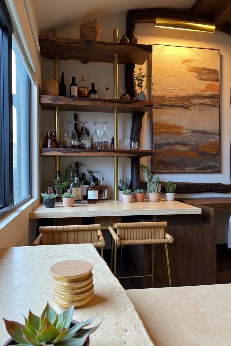 Modern bar nook with natural wood open shelves displaying whiskey bottles, glassware and potted plants above a light stone counter and rattan stools