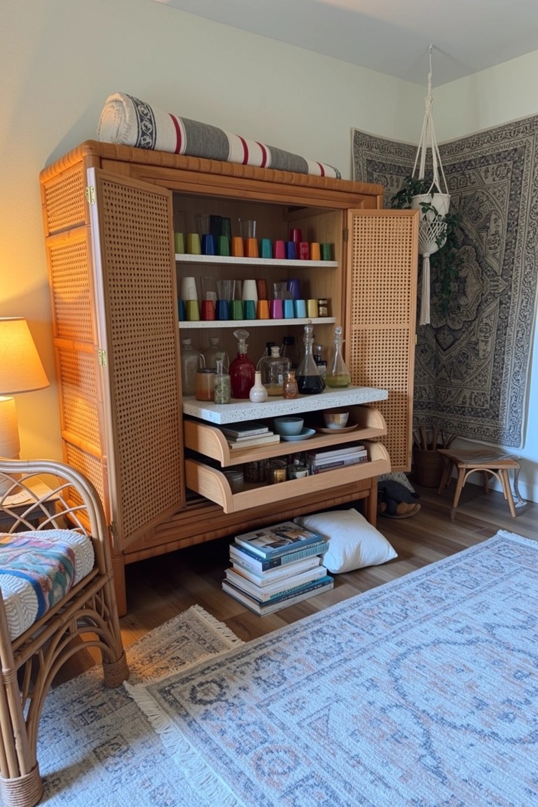 Open wooden armoire converted into a home bar with shelves of colorful bottles, glasses, and candles