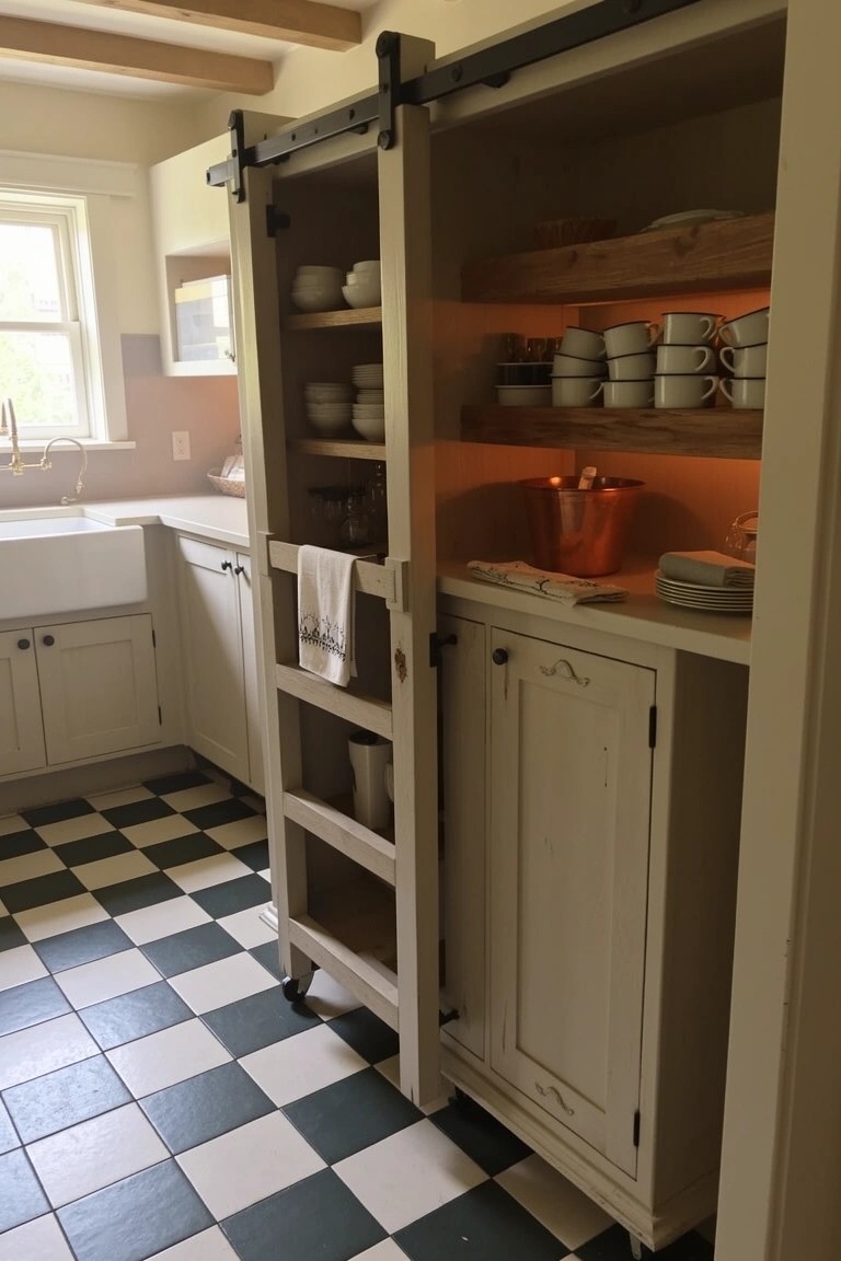 Open sliding barn door on tall kitchen cabinet revealing open shelves of cups and dishes, copper bucket, and wheeled ladder against checkered floor