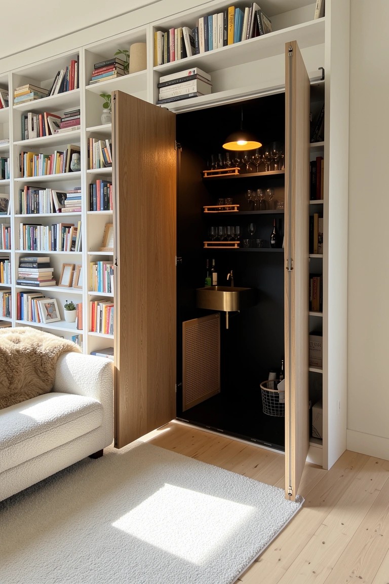 Wooden door open in white bookshelves revealing hidden bar with glass racks, bottles, sink, and light