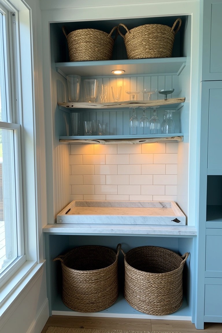 Light blue recessed wall cabinet with open shelves displaying glassware, a marble tray, and wicker baskets for storage in a home bar setup