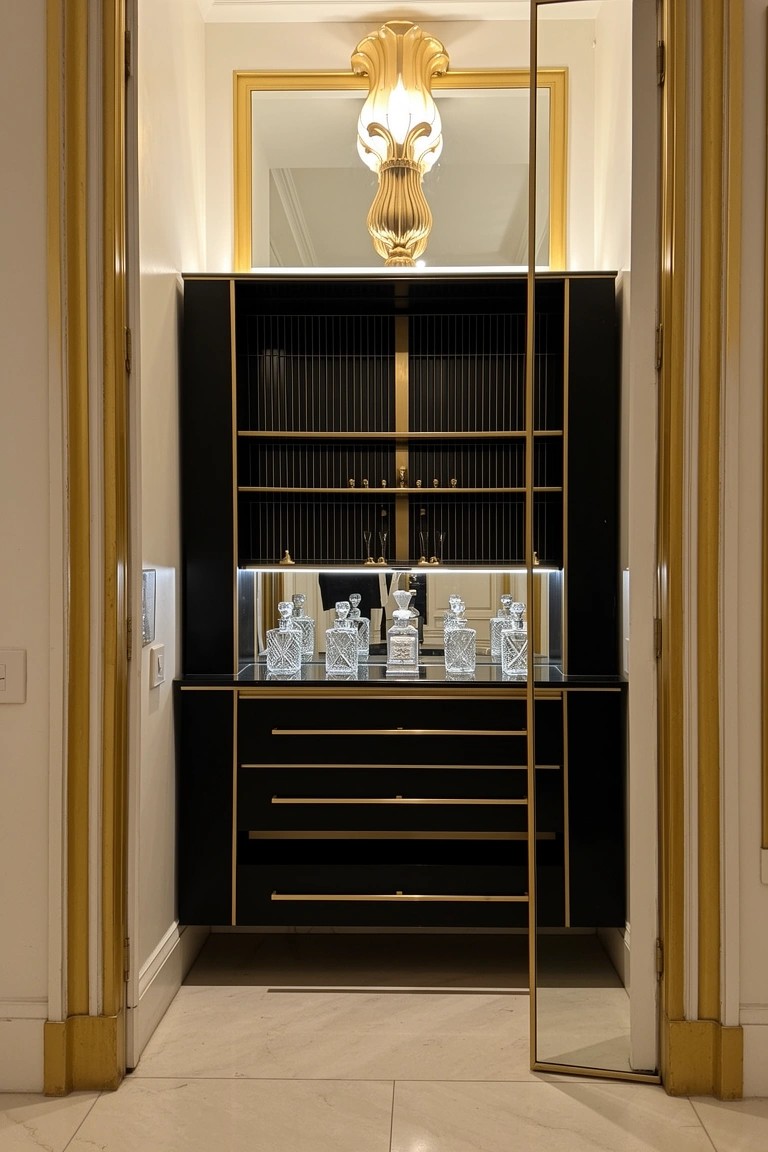 Black lacquered cabinet built into a gold-framed doorway niche serving as a hidden bar with backlit glass bottles and drawers below