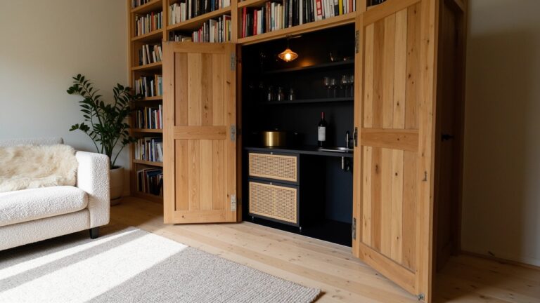 20 Unique Hidden Bar Ideas That Surprise Every Guest Wooden door open in white bookshelves revealing hidden bar with glass racks, bottles, sink, and light