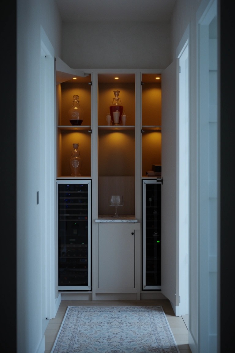 Open built-in hallway cabinet revealing hidden bar with lit liquor bottles, wine fridges, and a stemmed glass on the counter