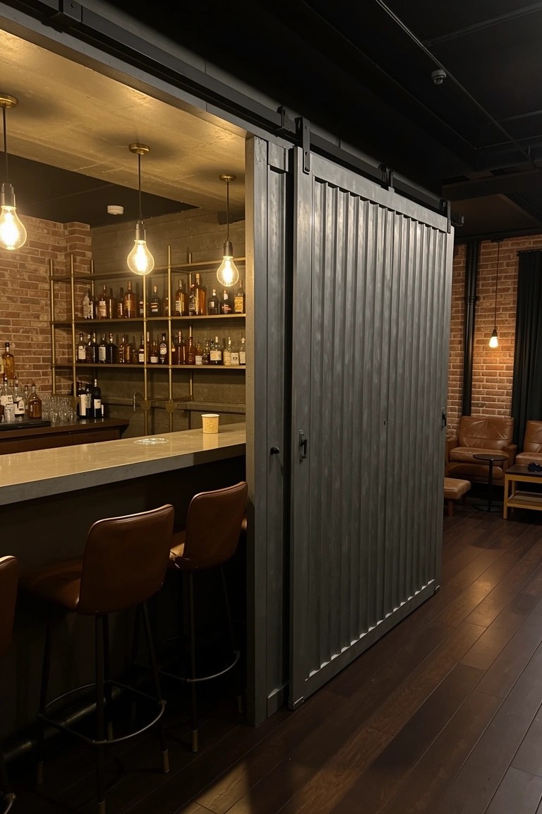 Sliding corrugated metal barn door partially open to a hidden bar with bottle shelves, counter, and leather stools in an industrial-style room