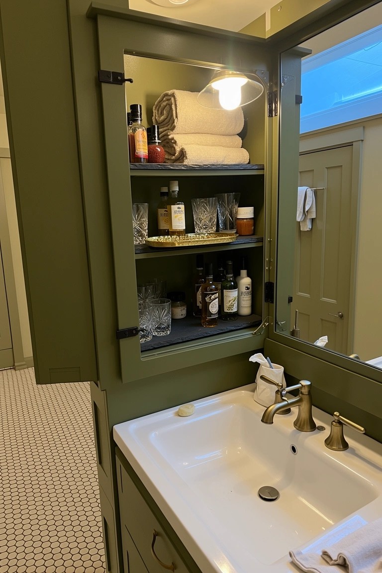 Open olive green cabinet above bathroom sink stocked as a hidden bar with whiskey bottles, glasses, and towels