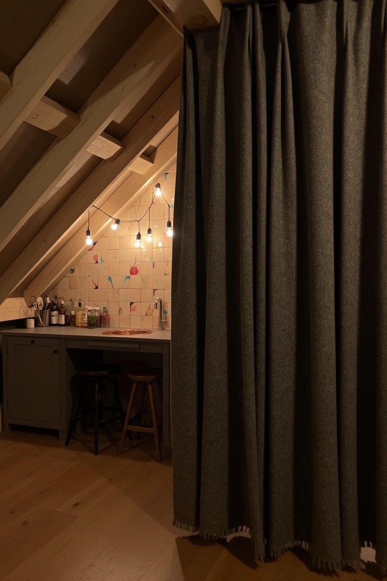 Cozy attic bar nook with gray curtain divider, exposed wooden beams, string lights, stools, and counter setup