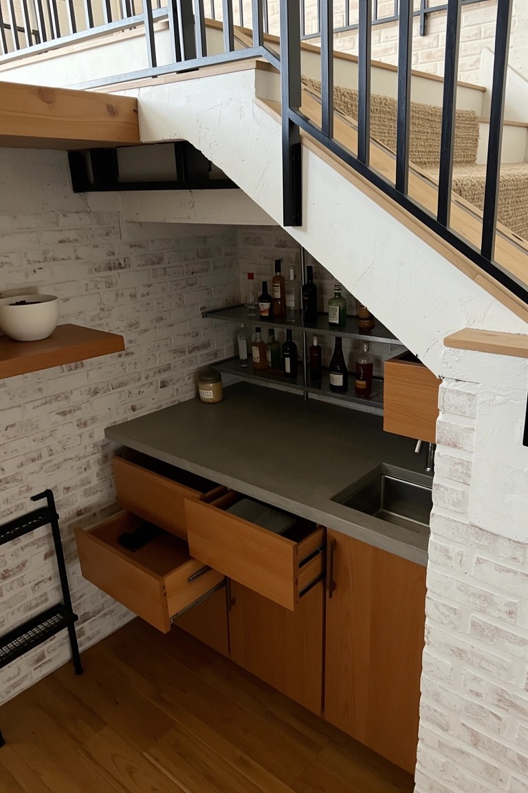 Compact bar under wooden stairs with bottle shelves, wooden drawers, countertop sink, and white brick walls
