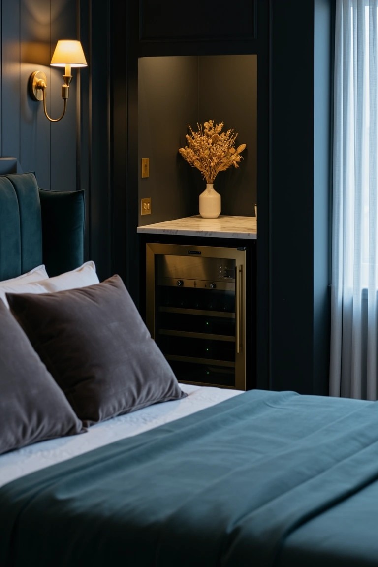 Navy bedroom with recessed wall niche holding gold mini-fridge and vase of dried pampas grass.