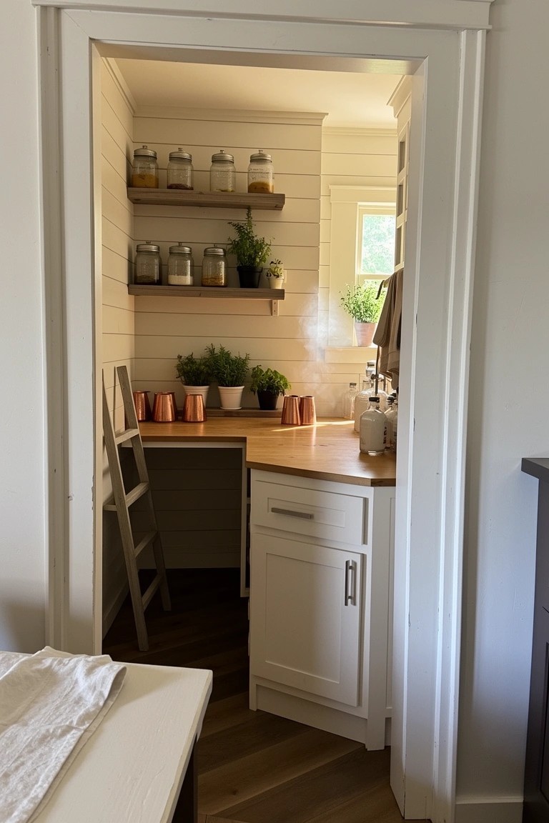 Pantry closet with shiplap walls turned into hidden bar, wood corner counter, shelves of jars and plants, ladder stool