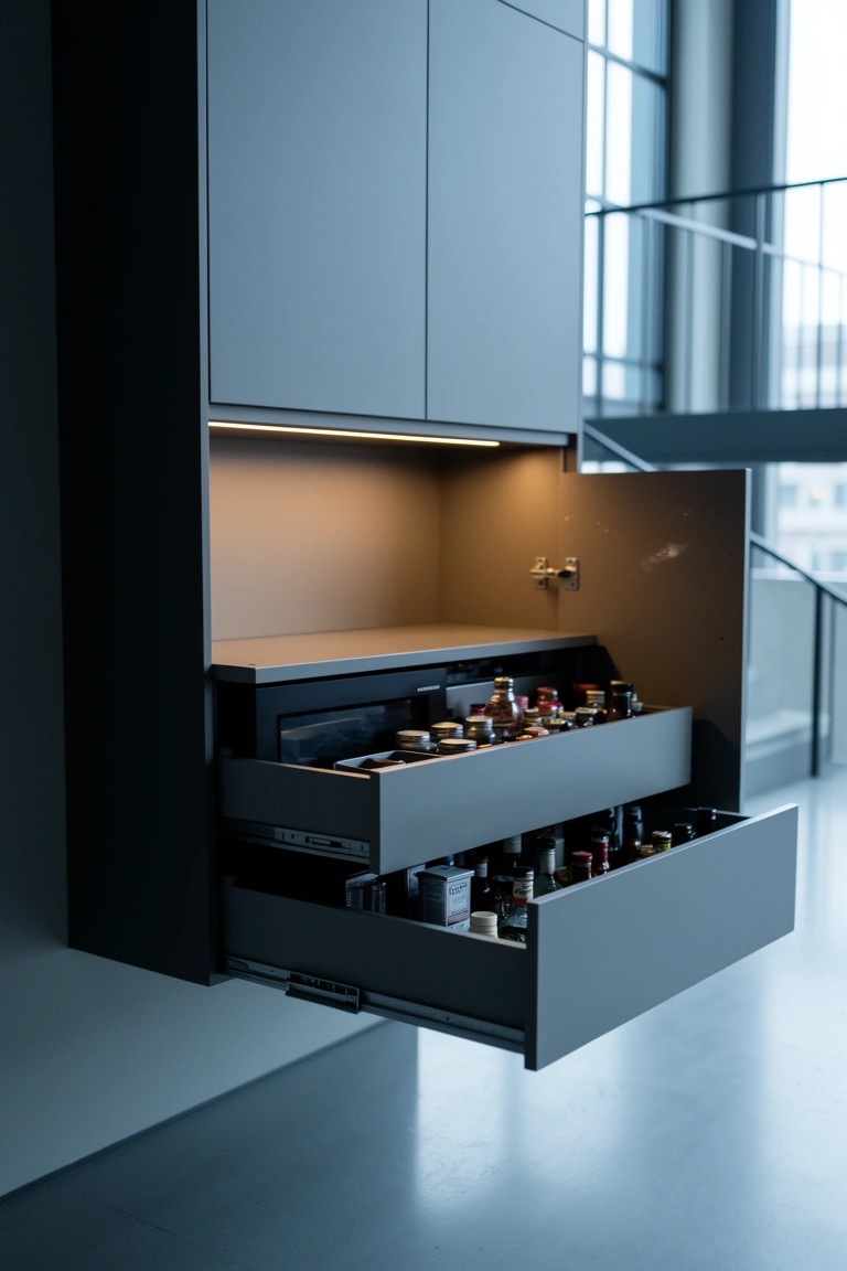 Tall gray cabinets with open lit shelf above and extended pull-out drawers full of liquor bottles
