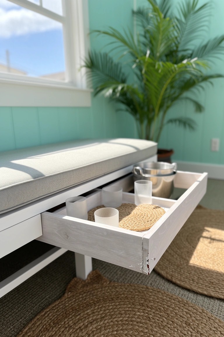 White wooden window bench with pull-out drawer holding glasses, pitcher, and coasters in a light blue room with plants