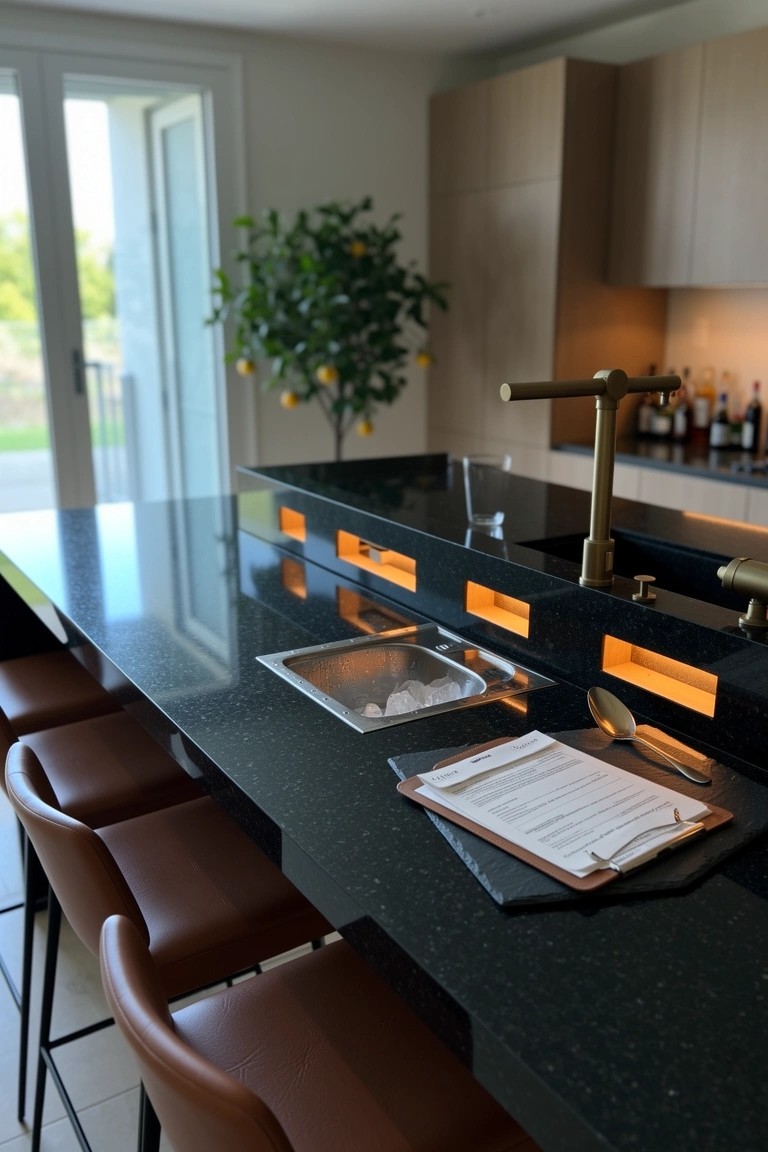 Modern black kitchen island bar with brass faucet, backlit orange lower shelves for bottles, leather stools, and simple serving setup