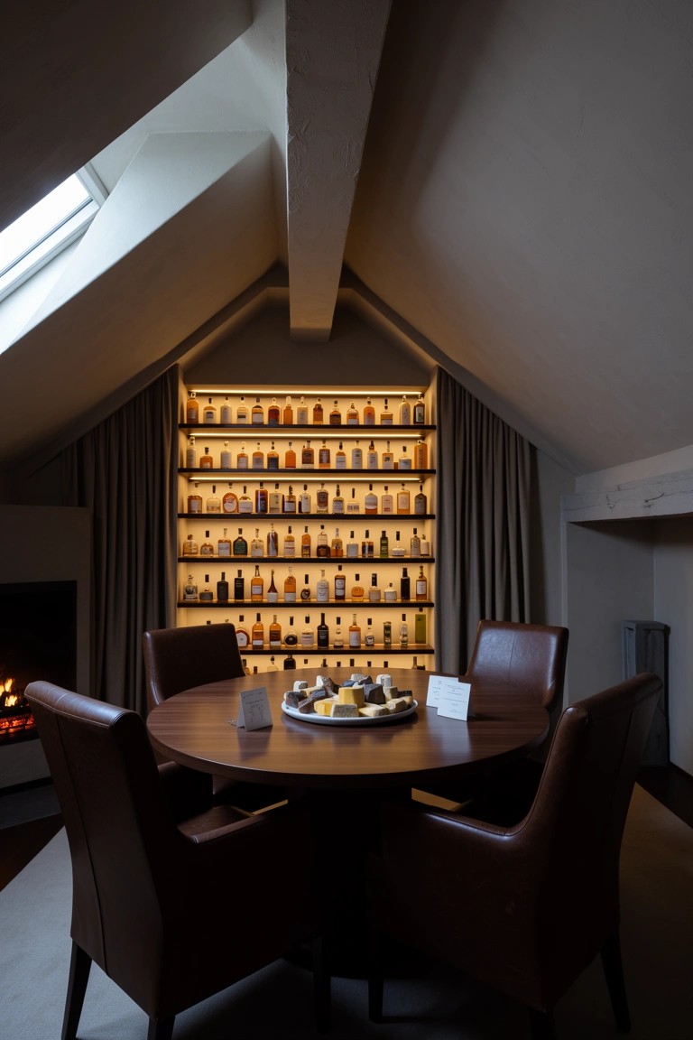 Attic tasting room with floor-to-ceiling backlit whiskey shelves, round table, leather chairs, and fireplace