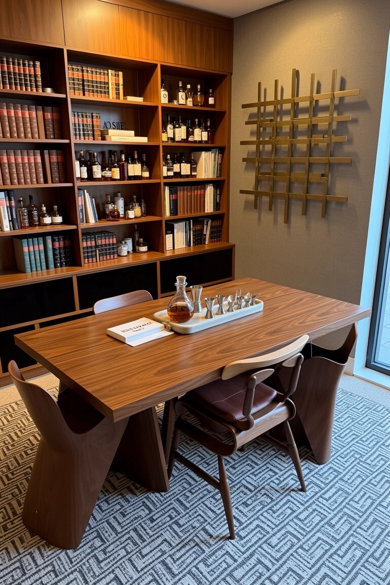 Wooden bookshelves stocked with books and whiskey bottles flanking a central wood table with modern chairs in a cozy tasting room